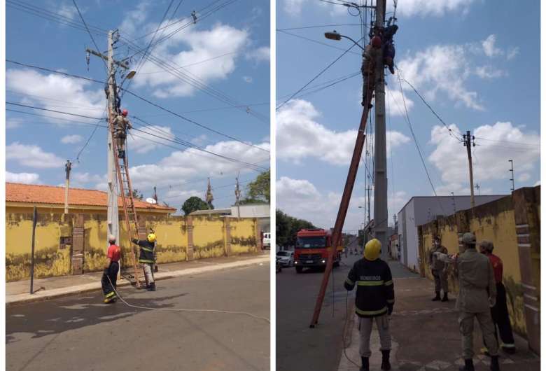 Trabalhador fica pendurado em poste de energia após sofrer descarga elétrica