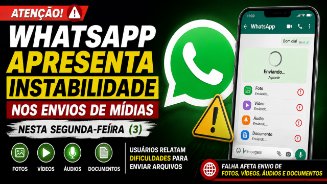 Usuários relatam dificuldades para enviar fotos, vídeos, áudios e documentos; mensagens de texto continuam funcionando normalmente em grande parte dos casos. Foto: IA